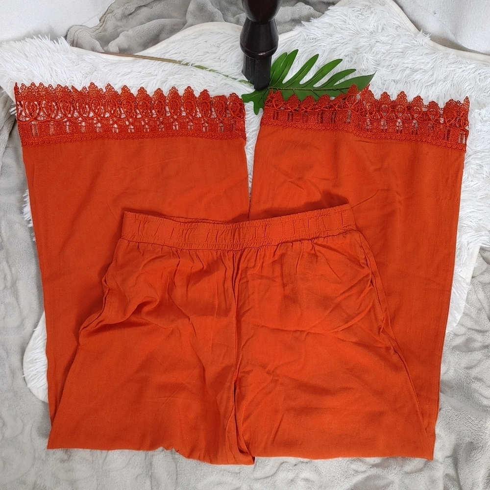 Cato Orange Boho Crochet Hem Wide Leg Pants